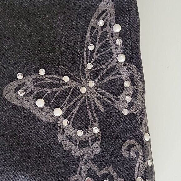 NEW 24 W boho butterfly rhinestone pearl distressed raw black stretch jeans NWT - Picture 16 of 16